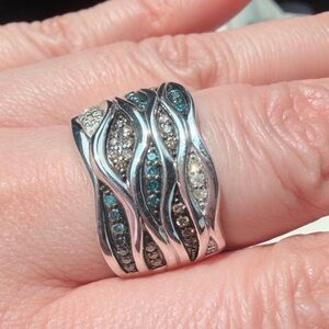 Natural 1 ct Diamond in 925 Silver Wave Ring with Blue,Yellow and White Diamonds